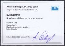 Bund 1955, Mich.-Nr.:  RL 1  gestempelt  ECKRAND  geprüft  Befund  gefaltet lesen