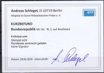 Bund 1955, Mich.-Nr.:  RL 1  gestempelt  ECKRAND  geprüft  Befund  gefaltet lesen