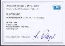 Bund 1955, Mich.-Nr.:  RL 1  gestempelt  ECKRAND  geprüft  Befund  gefaltet lesen