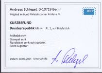 Bund 1955, Mich.-Nr.:  RL 1  gestempelt  ECKRAND  geprüft  Befund  gefaltet lesen