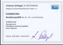 Bund 1955, Mich.-Nr.:  RL 1  gestempelt  ECKRAND  geprüft  Befund  gefaltet lesen