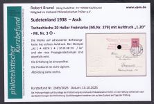Sudetenland Asch, Mi.-Nr.   3  gest. geprüft Befund  Blanco Karte  "Asch ist Fr."
