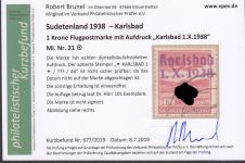 Sudetenland Karlsbad, Mi.-Nr.   21  gestempelt  geprüft  Befund   Stempel nicht Prüfbar