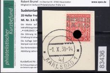 Sudetenland Karlsbad, Mi.-Nr.   3 A  gestempelt  EST geprüft  Befund