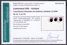 Sudetenland Karlsbad, Mi.-Nr.   7+8+9  gestempelt  geprüft  Befund  auf schöner Pr.-Karte