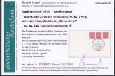 Sudetenland Maffersdorf, Mi.-Nr.   13 a  gestempelt  geprüft   Befund  auf  AK   Maffersd.