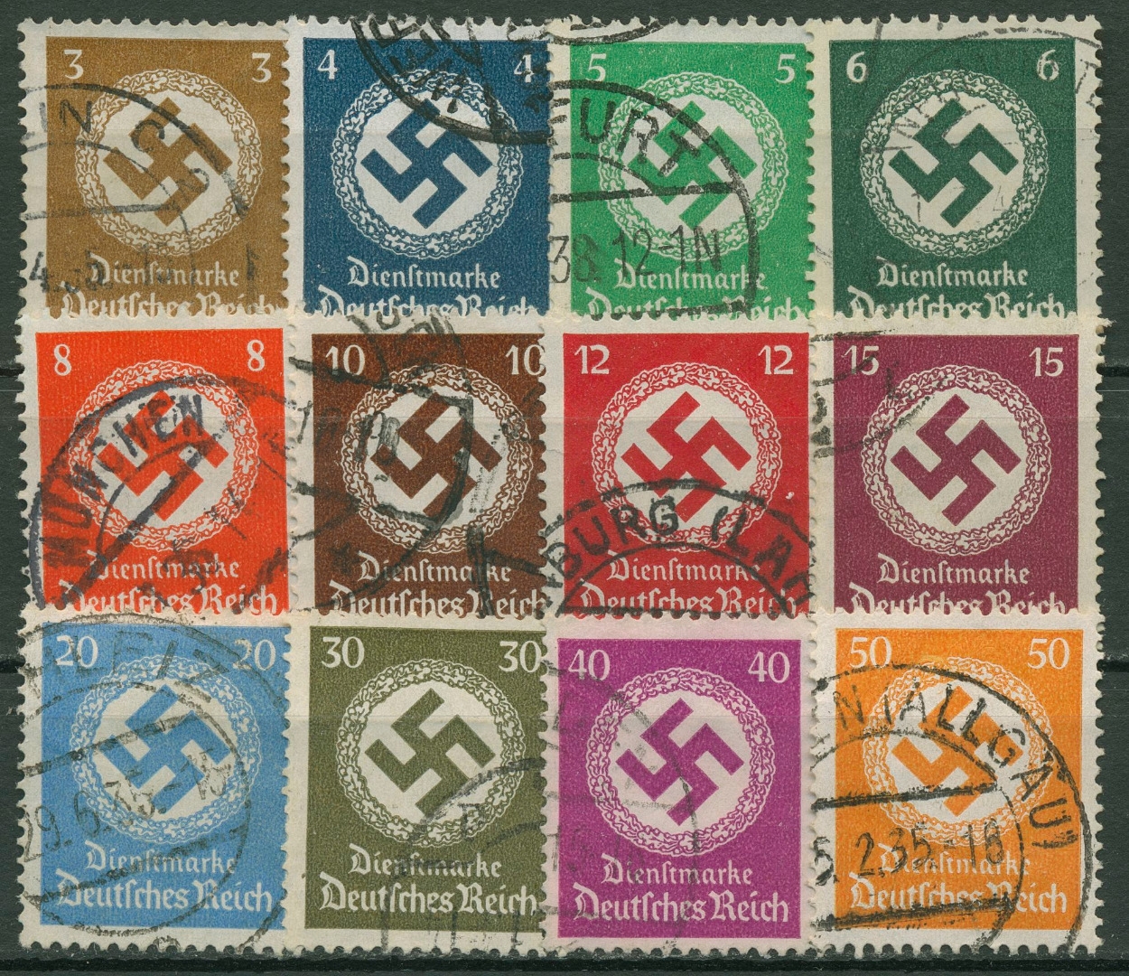 Deutsches Reich Dienstmarken 1934/38 Hakenkreuz D 132/43 gestempelt, mit WZ 4 Briefmarken Dr
