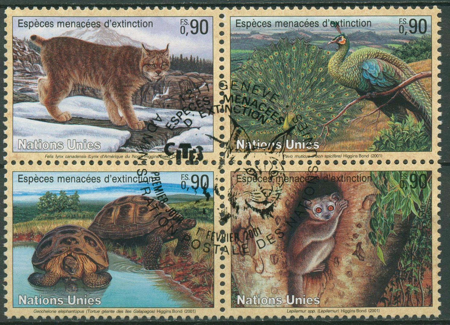 UNO Genf 2001 Gefährdete Tiere Luchs Pfau Schildkröte Affe 409/12 ZD ...