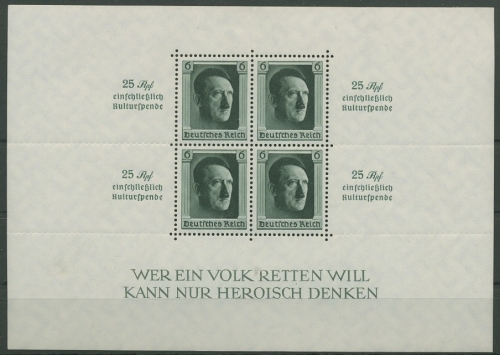 Deutsches Reich 1937 48. Geburtstag A. Hitler, Kulturspende Block 9 mit Falz