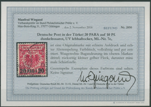 Deutsche Post in der Türkei 1889 Krone/Adler mit Aufdruck 7 e gestempelt geprüft