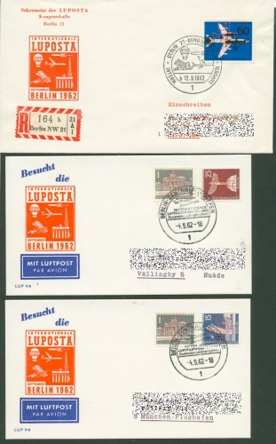 Berlin 1962 Luftposta 3 Belege mit Werbelochung zur Briefmarkenausst. (X9124)