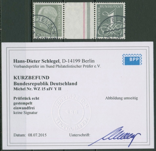 Bund 1960 Heuss/Ziffer (WZ lg.) Zusammendruck WZ 15 aIV YII gest. geprüft Befund