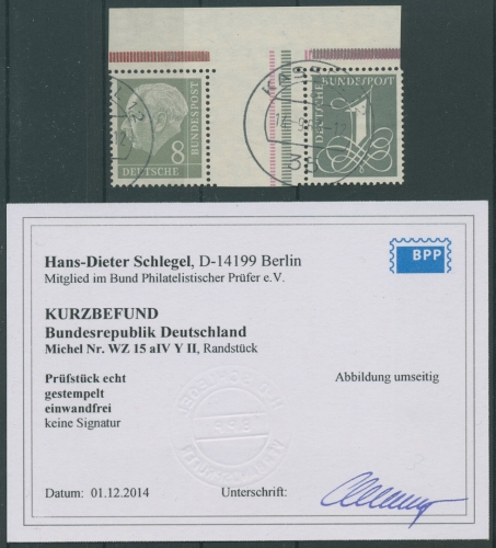 Bund 1960 Heuss/Ziffer (WZ lg.) Zusammendruck WZ 15 aIV YII OR gestemp. geprüft