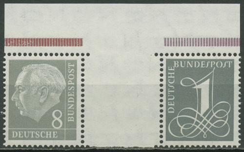Bund 1960 Heuss/Ziffer (WZ lg.) Zusammendruck Oberrand WZ 15 YII OR postfr.