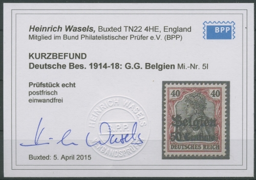 Landespost in Belgien 1915 Germania mit Aufdruck 5 I postfrisch geprüft, Befund