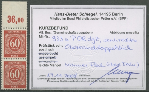 Alliierte Besetzung 1946 I. Kontrollratsausg. 933 a P OR dgz geprüft, kl. Fehler