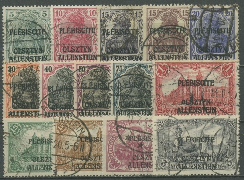 Allenstein 1920 Freimarken mit schwarzem Aufdruck 1/14 gestempelt