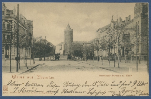 Gruss aus Prenzlau Stettiner Straße u. Thor, gelaufen 1900 (AK1831)