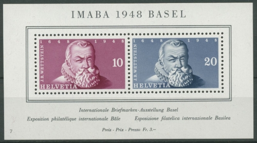 Schweiz 1948 Int. Briefmarkenausstellung IMABA Block 13 postfrisch (C28198)