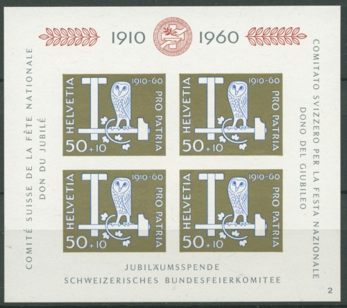 Schweiz 1960 50 J. Bundesfeierspende Pro Partia Block 17 postfrisch (C28209)