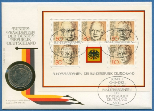 Bund 1982 Bundespräsidenten Block 18 FDC Numisbrief mit 2 DM Heuss (N16)