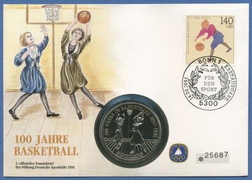 Bund 1991 Sporthilfe 100 Jahre Basketball Numisbrief mit 5 Dollar Niue (N20)