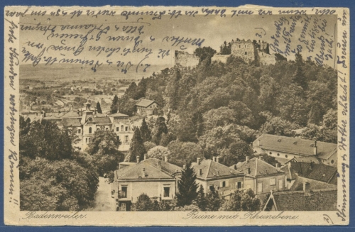 Badenweiler Ruine mit Rheinebene, gelaufen 1927 (AK1912)