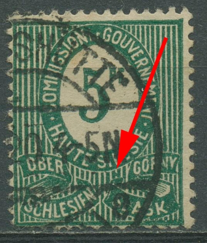Oberschlesien 1920 Freimarke Ziffer mit Plattenfehler 3 I gestempelt