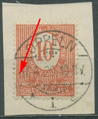 Oberschlesien 1920 Freimarke Ziffer mit Plattenfehler 4 II gestempelt Briefstück