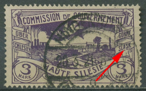 Oberschlesien 1920 Freimarke mit Plattenfehler 28 II gestempelt