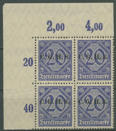 Oberschlesien Dienstmarke 1920 Ecke Oberand 4er-Block D 4 III P OR postfrisch