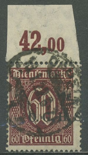 Oberschlesien Dienstmarke 1920/22 mit Aufdruck Oberrand D 15 a P OR gestempelt