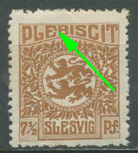 Schleswig 1920 Wappen mit Plattenfehler 3 I mit Falz, rs etwas fleckig