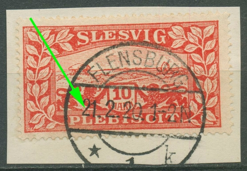 Schleswig 1920 Landschaft mit Plattenfehler 14 II gestempelt, Briefstück