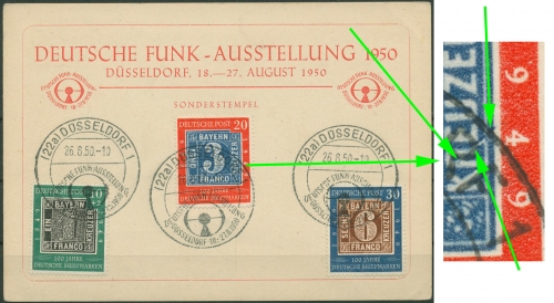 Bund 1949 100 Jahre Briefmarken 113/15 mit Plattenfehler 114 I mit SST auf Karte