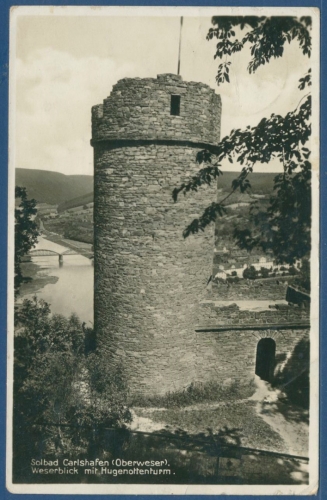 Solbad Carlshafen Weserblick mit Hugenottenturm, gelaufen Marke fehlt (AK2382)
