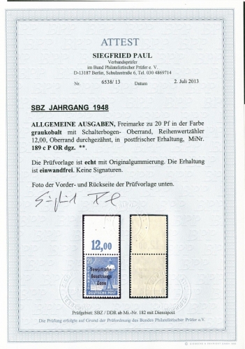 SBZ Allg. Ausgabe 1948 189 c Oberrand dgz postfrisch geprüft mit Attest, selten!