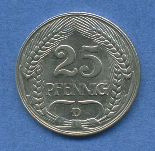 Deutsches Reich 25 Pfennig 1912 D, Kursmünze Nickel J 18, vz/st (m2141)