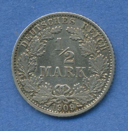 Deutsches Kaiserreich 1/2 Mark Kursmünze 1909 G, J 16 fast vz (m2150)