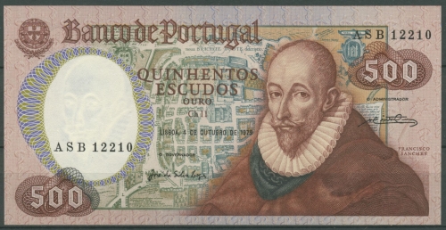 Portugal 500 Escudos 1979, Francisco Sanches, KM 177 a, kassenfrisch (K77)
