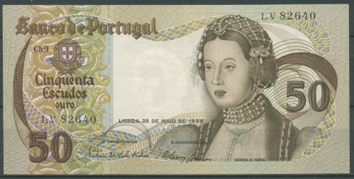 Portugal 50 Escudos 1968, Dona Maria, KM 174 a, kassenfrisch (K73)