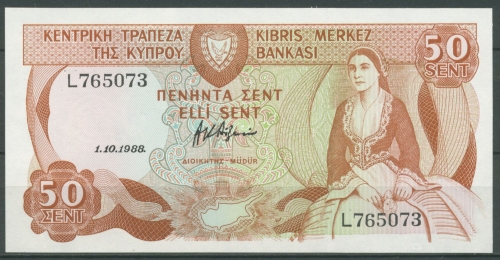 Zypern 50 Cents 1988, Frau, Staudamm, KM 52, kassenfrisch (K90)