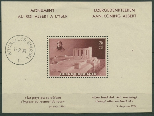 Belgien 1938 König-Albert-Denkmal Nieuwpoort Block 7 mit Falz (C91591)