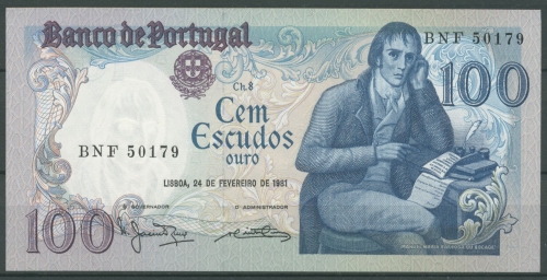 Portugal 100 Escudos 1981, Bocage, KM 178 b, kassenfrisch (K151)