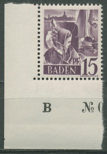 Franz. Zone: Baden 1947 Trachtenmädchen Type III Ecke u. li. 5 yv III postfrisch