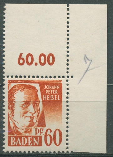 Franz. Zone: Baden 1947 Johann P. Hebel Type I Ecke o. re. 10 y v I postfrisch