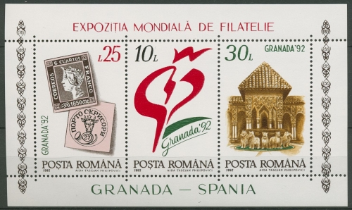 Rumänien 1992 GRANADA´92 Marke Emblem Burghof Block 272 postfrisch (C92224)