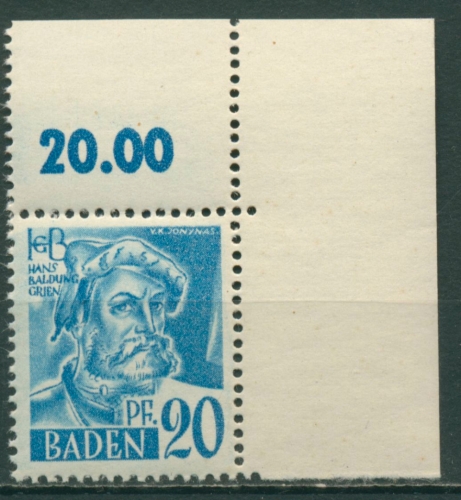 Franz. Zone: Baden 1947 Hans Baldung Type I Ecke o. re. 7 yv I postfrisch