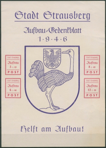 Strausberg 1946 Gedenkblatt Aufbau Block 3 ohne Gummi wie ausgegeben , bügig