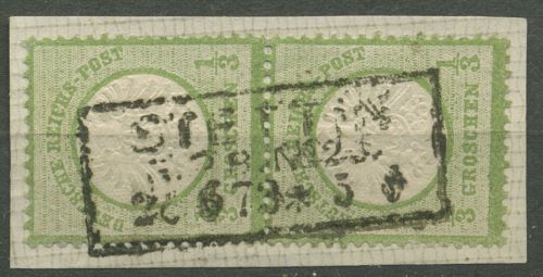 Dt. Reich 1872 gr. Brustschild 17 a senkr. Paar gestempelt geprüft, Briefstück